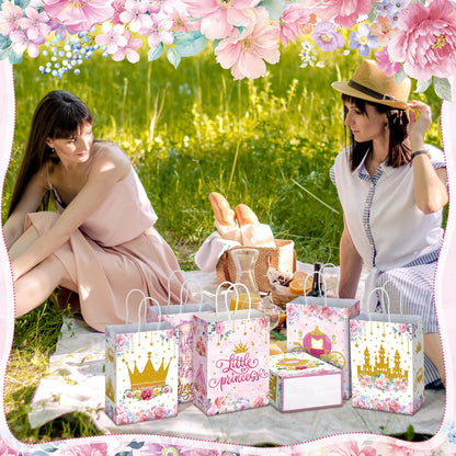 Kosiz 24 Pcs Princess Party Favors Bags Paper Little Princess Gift Goodie Bags with Handles Pink Floral Castle Crown Carriage Candy Treat Pouch for Girls Birthday Baby Shower Party Decoration Supplies
