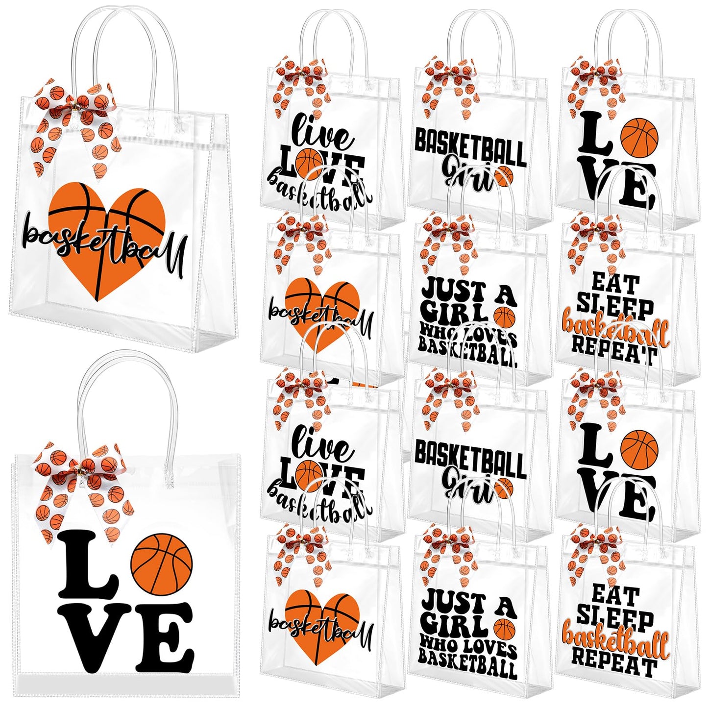 Vicenpal 12 Sets Clear Basketball Gift Bag with Handles 12 Pcs Bows PVC Plastic Basketball Treat Goodie Snack Bags 7.9 x 7.9 x 3.1'' Sport Theme Party Favors for Birthday Holiday Sports Team Gifts