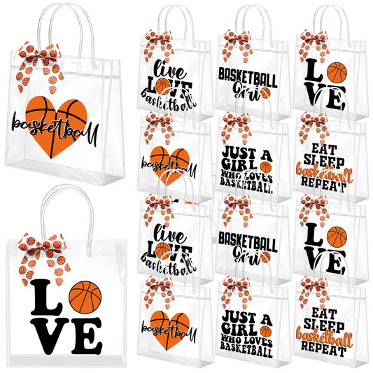 Vicenpal 12 Sets Clear Basketball Gift Bag with Handles 12 Pcs Bows PVC Plastic Basketball Treat Goodie Snack Bags 7.9 x 7.9 x 3.1'' Sport Theme Party Favors for Birthday Holiday Sports Team Gifts