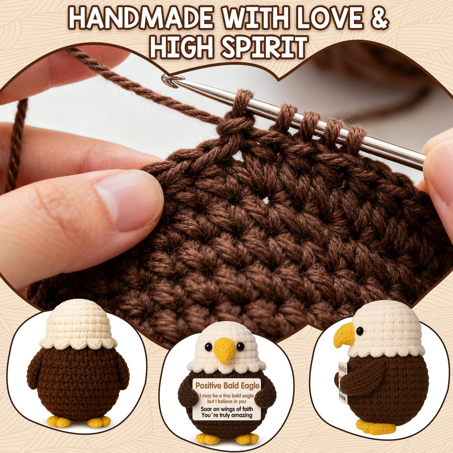 Positive Bald Eagle with Inspirational Card - Handmade Crochet Animals Gifts for Friends, Dad, Son - Birthday Encouragement Decor - Eagle Scout Gift for Boy - Graduation Gift for Him Her