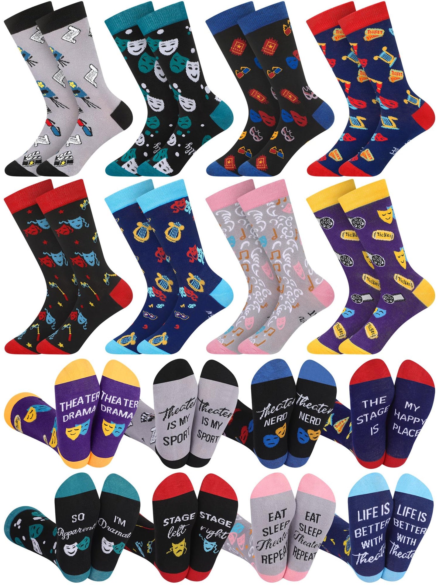 8 Pairs Funny Theater Socks Gifts for Men Women Novelty Drama Broadway Casual Crew Socks Theater Lover Gifts for Birthday Christmas
