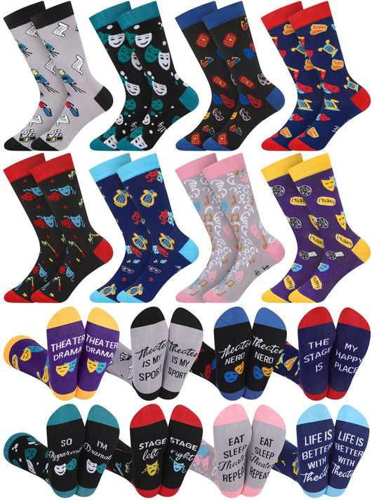 8 Pairs Funny Theater Socks Gifts for Men Women Novelty Drama Broadway Casual Crew Socks Theater Lover Gifts for Birthday Christmas