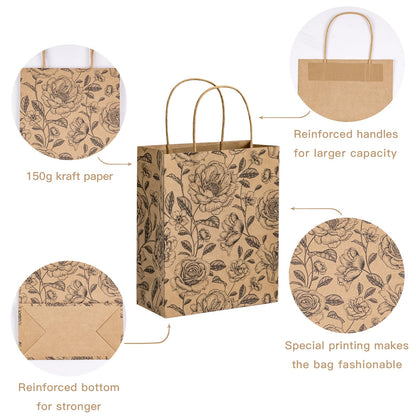 WRAPAHOLIC Medium Floral Kraft Paper Gift Bags - Black Florals Design for Birthday, Baby Shower, Holiday, Party Gift Wrap (Pack of 12)