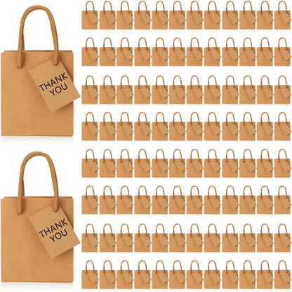 Sherr 100 Pcs Mini Gift Bags Bulk, 4 x 2.75 x 4.5 in Paper Bag with Tag, Extra Small Paper Gift Boxes with Handles for Birthday, Party Favor, Wedding, Small Business, Spring Easter(Brown)