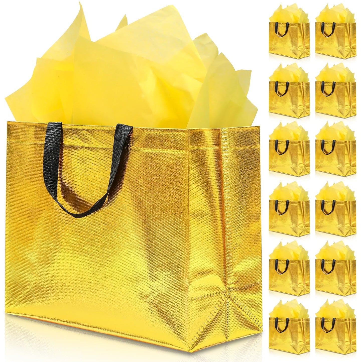 KeerxunBag 12Pcs Reusable Gift Bags（Includes Tissue Paper） Gift bag with handle Birthdays Parties Holidays Weddings Medium 13x5x11in Golden Yellow Gift Bags