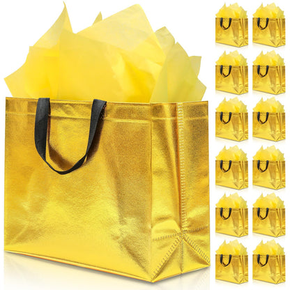 KeerxunBag 12Pcs Reusable Gift Bags（Includes Tissue Paper） Gift bag with handle Birthdays Parties Holidays Weddings Medium 13x5x11in Golden Yellow Gift Bags