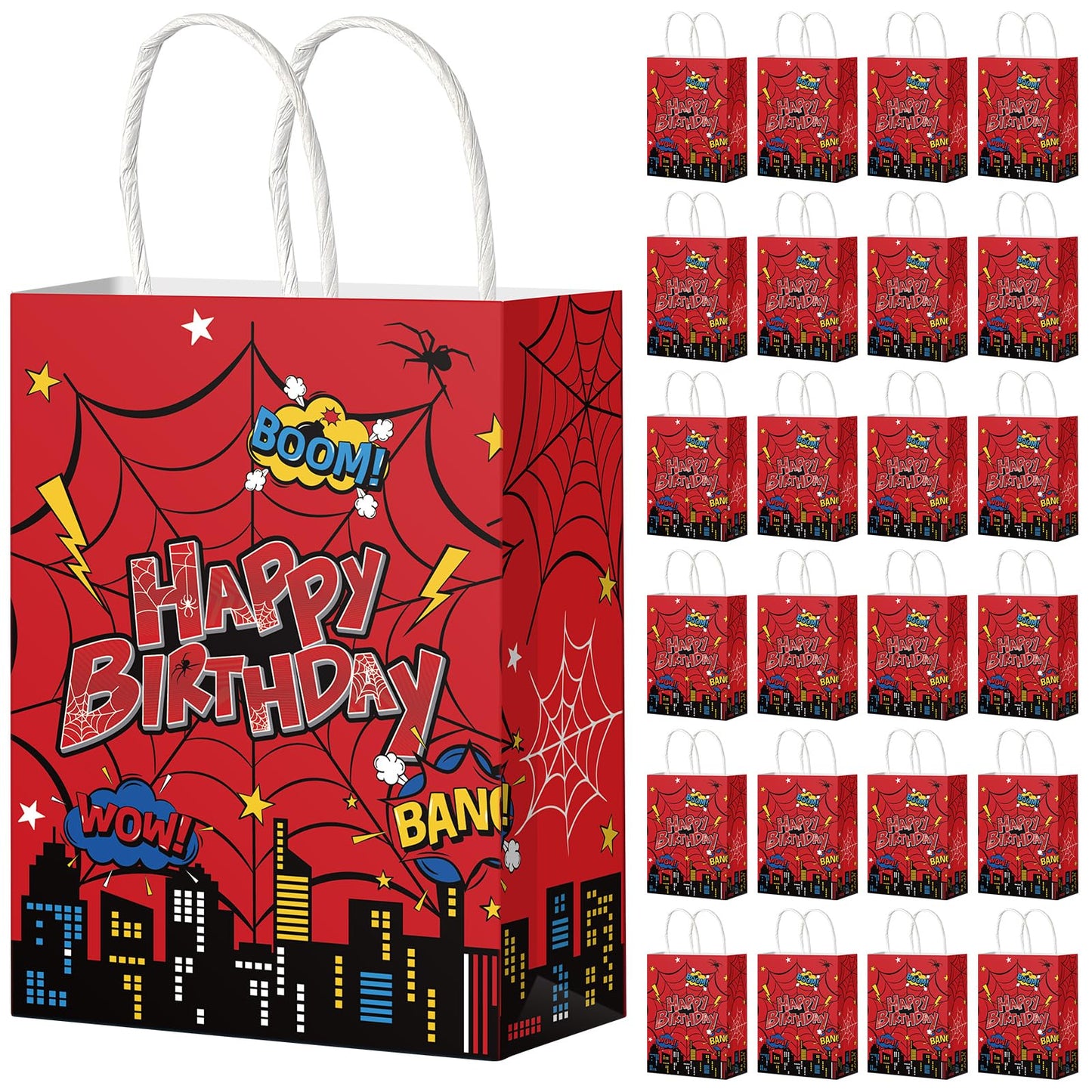 Denwiller 24 Pcs Red Spider Birthday Party Favor Bags with Handles, Happy Spider Candy Goodie Bags Red Gift Treat Wrapping for Boy’s Birthday Cartoon Party Supplies