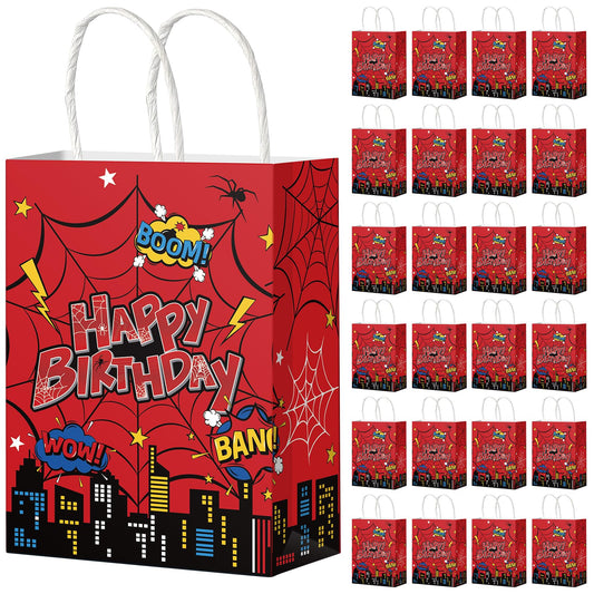 Denwiller 24 Pcs Red Spider Birthday Party Favor Bags with Handles, Happy Spider Candy Goodie Bags Red Gift Treat Wrapping for Boy’s Birthday Cartoon Party Supplies