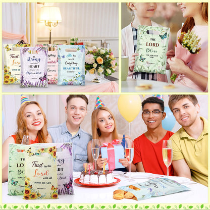Pajean 100 Pcs Christian Gift Bags Mother's Day Floral Bible Verse Plastic Bags with Handles Religious Party Favor Pouch Inspirational Flower Candy Goodie Pouch for Women Wedding Church Gifts Supply