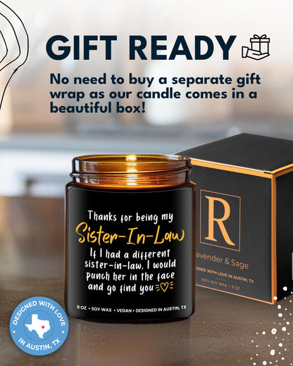 Funny Sister-in-Law Candle, Unique Sister in Law Birthday Gifts, Best Bonus Sister Presents, Thoughtful Gift for Her, Ideal for Christmas, Gift-Ready