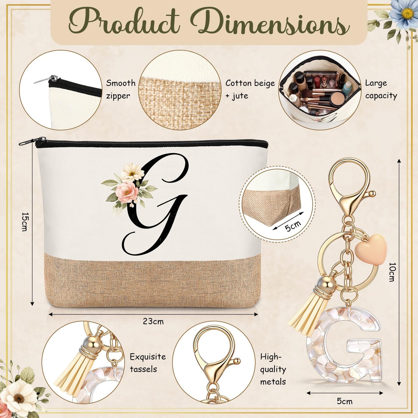 Kacctyen Initial Letter Gifts for Women Initial Letter Jute Tote Bag Makeup Bag Mug Keychain Card Birthday Holiday Gifts(G)