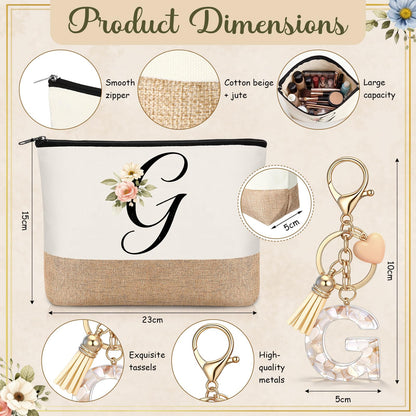 Kacctyen Initial Letter Gifts for Women Initial Letter Jute Tote Bag Makeup Bag Mug Keychain Card Birthday Holiday Gifts(G)