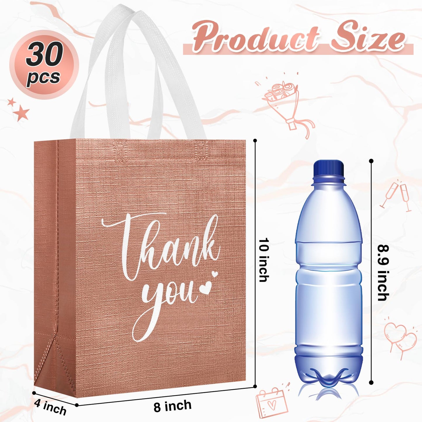 Sweetude 30 Pcs Thank You Gift Bags with Handles, Reusable Non Woven Foldable Goodie Bags Bulk for Graduation Teacher Appreciation Wedding Bridesmaid Favors(10 x 8 x 4 Inch,Rose Gold)
