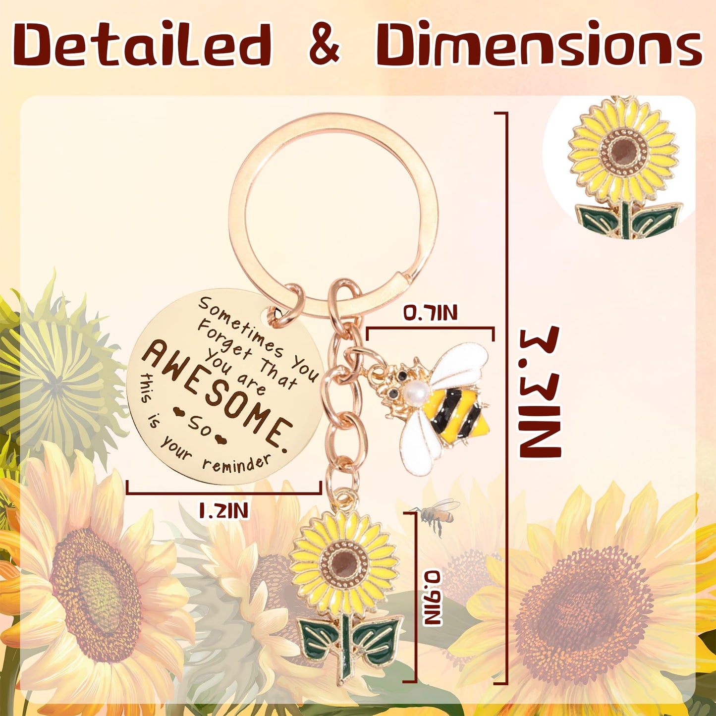 Sunflower Keychains Inspirational Gifts for Women - Motivational Keyring Friendship Keychain Gift, Yellow Sunflower Bee Key Chain for Him Her Friend Coworker Purse Wallet Handbags Backpack
