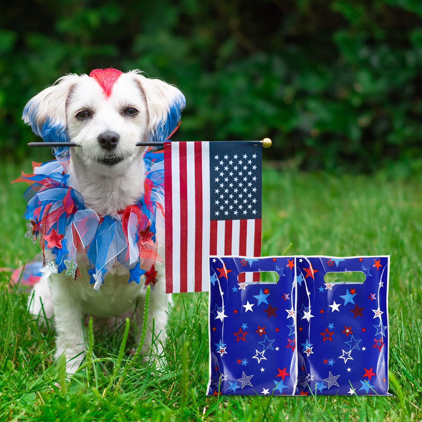 MASHAN 50 Pieces 4th of July Goodie Bags Bulk, Patriotic Gift Bags,Plastic Treat Gift Handles Bag with Red White Blue Star for Independence Day Memorial Day Veterans Day Decorations Party Supplies