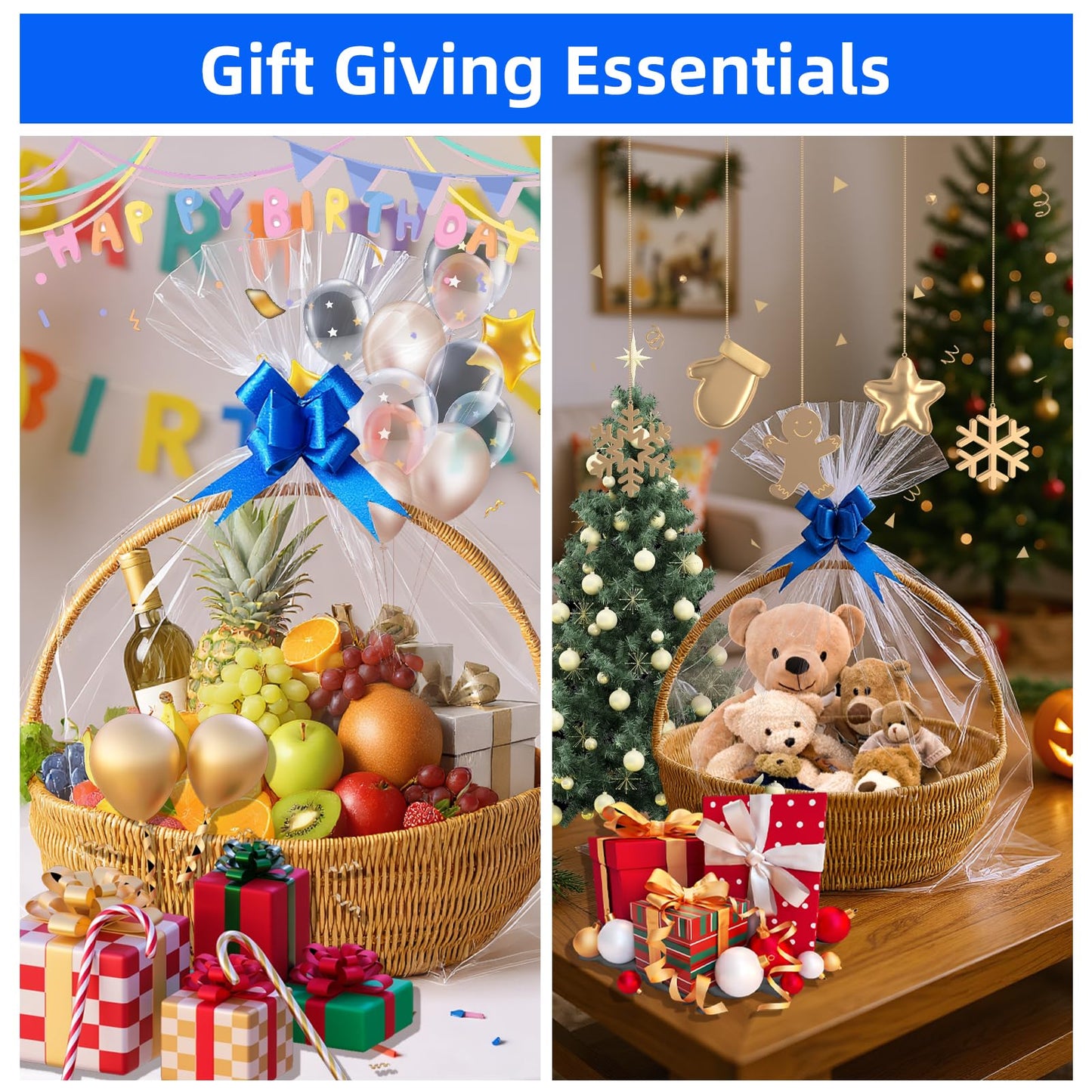 Homrelaxy 20 Pcs 24 x 30 Inches Cellophane Bags for Gift Baskets with 20 Colorful Pull Bows, Plastic Clear Basket Bags, Cellophane Wrap for Gift Baskets for Birthday, Wedding, Thanksgiving
