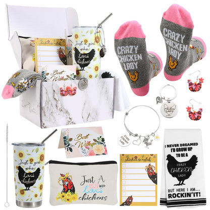 Kolewo4ever Chicken Lady Gifts Set Chicken Tumbler Cosmetic Bag Kitchen Towel Keychain Earrings Socks Charm Bracelet Notepad