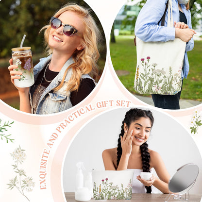 FoldTier 3 Pcs Plant Lover Gift for Women, Spring Aesthetic Gift for End of Year Teacher, Floral Canvas Tote Bag, 16 oz Coffee Cup with Straw Lid, Makeup Bag for Mother Birthday(White,Flower)