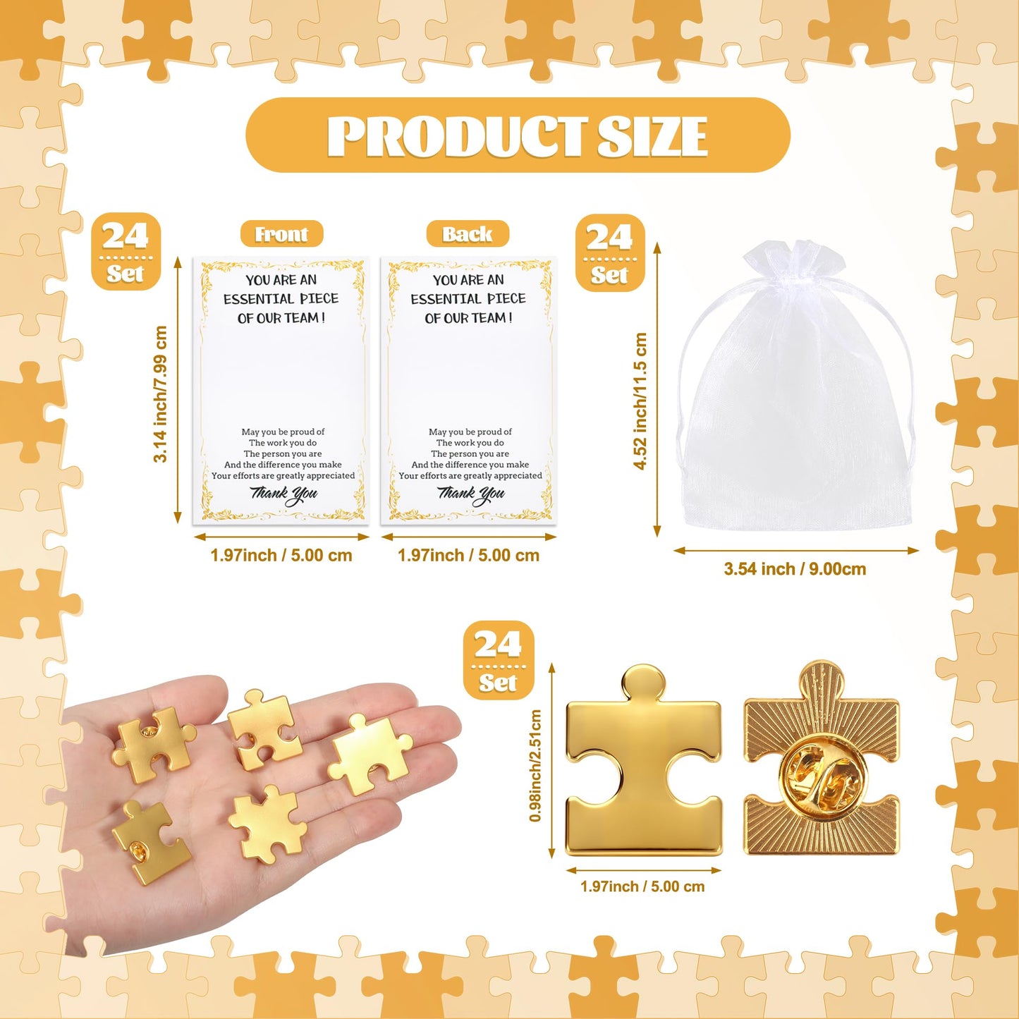 SINCCO 24/48/96 Sets Employee Appreciation Gifts Bulk, Inspirational Employee Of The Month Lapel Pins With Thank You Cards Small Puzzle Piece Gift for Coworkers, Office Staff, Team Building (Gold)