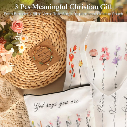 TUZELIYA Christian Gifts for Women, Cross Bracelet & Bible Bags for Women Inspirational Gifts, 3 Pcs Faith Spiritual Christian Basket for Mom Sister Best Friend Coworker