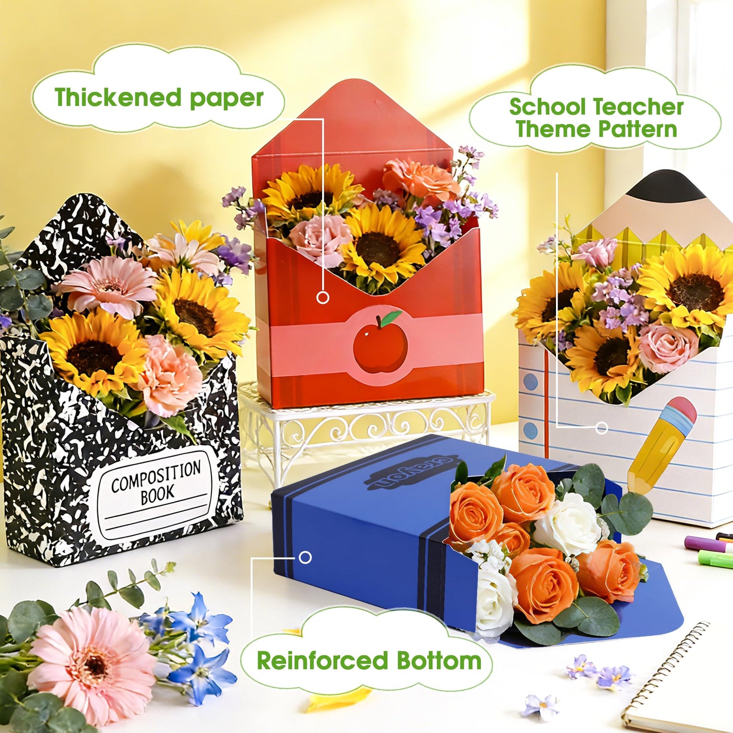12 Pcs Back to School Gift Boxes Teacher Gift Boxes Florist Bouquet Envelope Box Paper School Teachers Envelope Gift Box,Teacher Appreciation Gifts Floral Boxes Flower Bouquet Packaging Party Favors