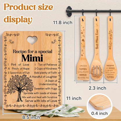 Mimi Gifts - "Recipe for a Special Mimi" Gift for Mimi Cutting Board Set, Bamboo-Made Engraved Utensil Set Best Mimi Ever Presents Cutting Board, Mothers Day Gifts for Mimi.