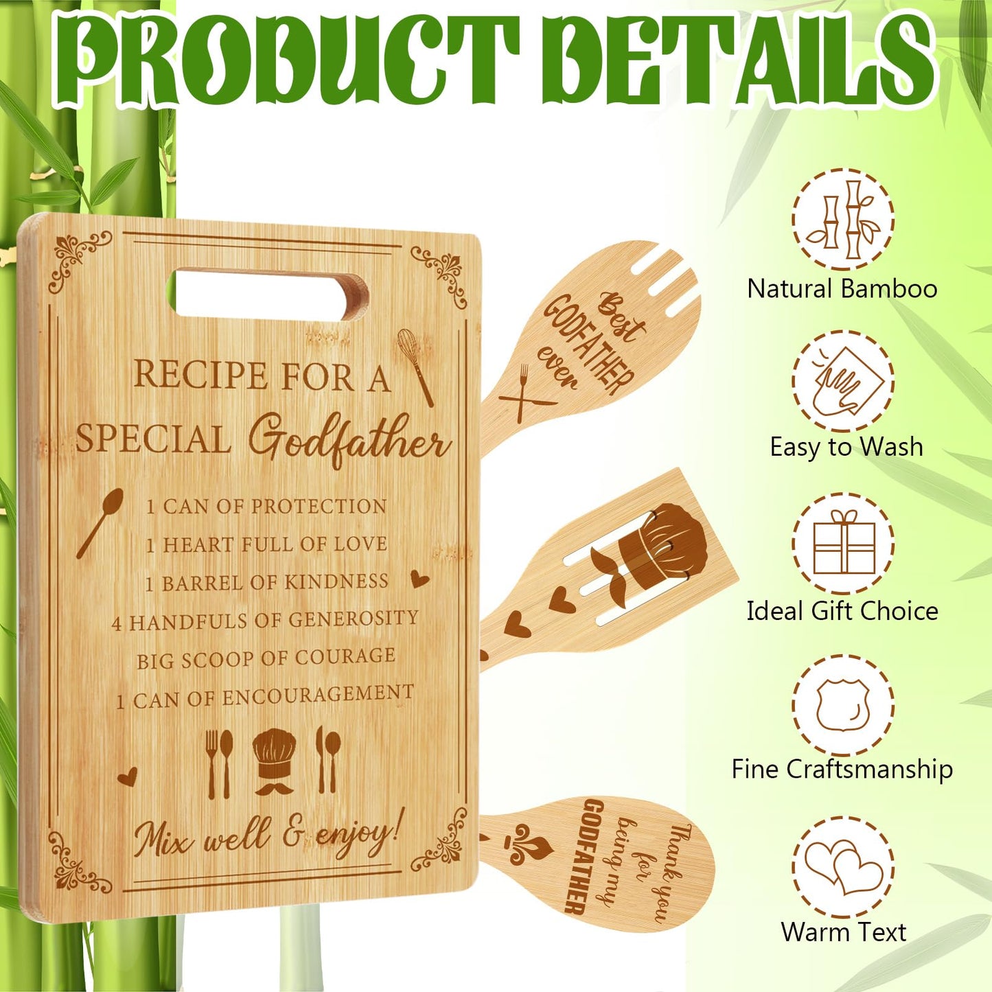 Vesici Godfather Proposal Gifts, Godfather Gifts from Godchild Goddaughter Godson Bamboo Cutting Boards Soup Spoon Spatula for Kitchen Father's Day, Birthday