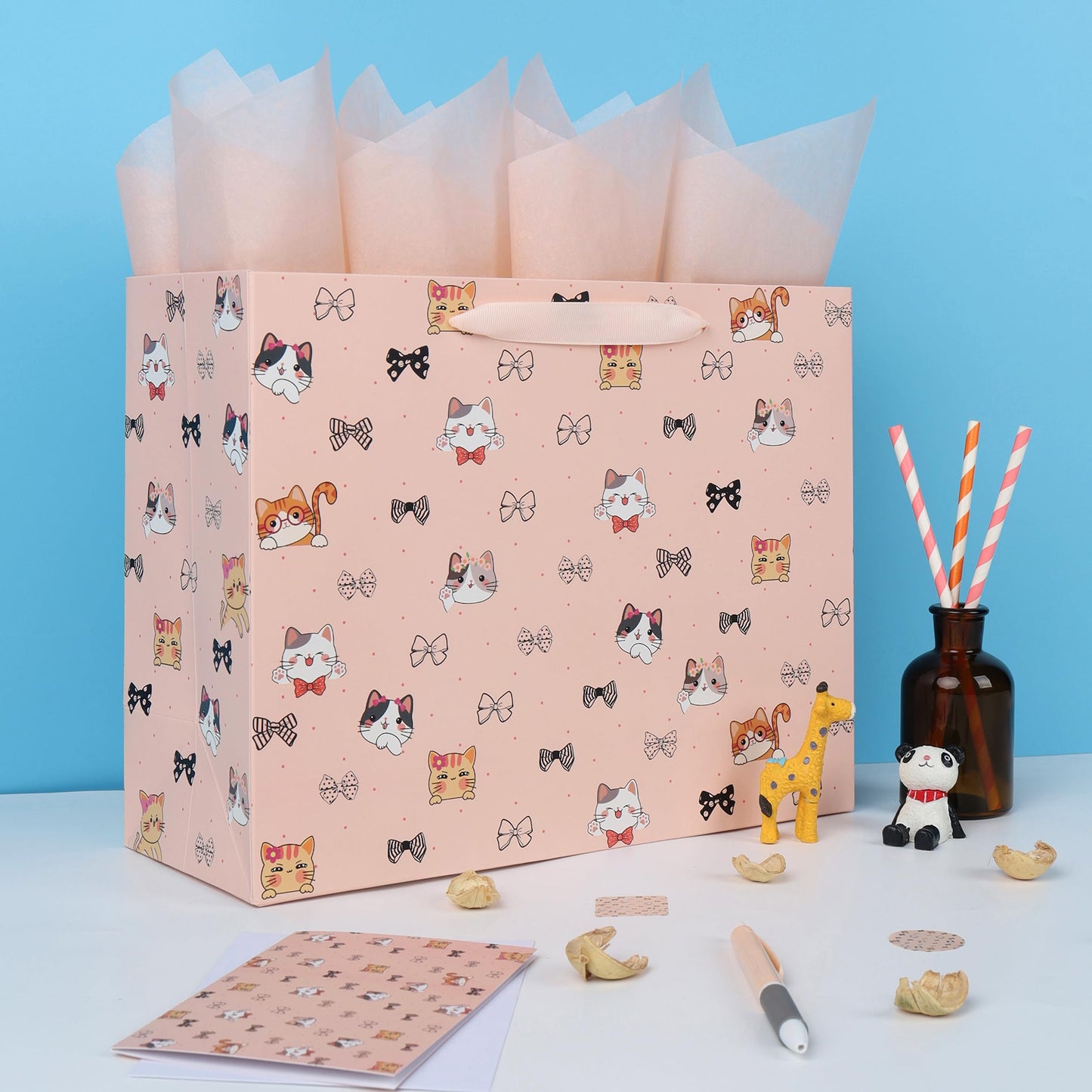 wishinside 13'' Large Cat & Bow Gift Bag Set with Handles, Greeting Card, Pink Tissue Papers and Stickers for Women Girls for Birthday, Wedding, Bridal Shower, Baby Shower, Cat Design, 1 Pcs