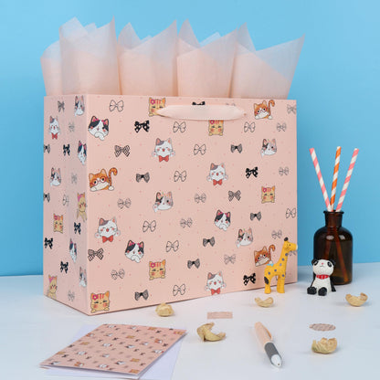wishinside 13'' Large Cat & Bow Gift Bag Set with Handles, Greeting Card, Pink Tissue Papers and Stickers for Women Girls for Birthday, Wedding, Bridal Shower, Baby Shower, Cat Design, 1 Pcs