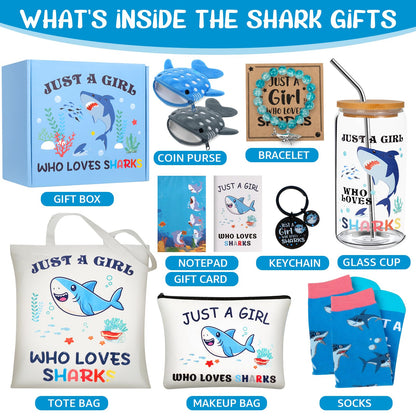 Shark Gifts for Women, 10Pcs Shark Lovers Gift for Girls Including Glass Cup Bracelet Tote bag Makeup Bag Shark Coin Purse Socks Notepad Gift Card for Christmas Birthday Mothers Day