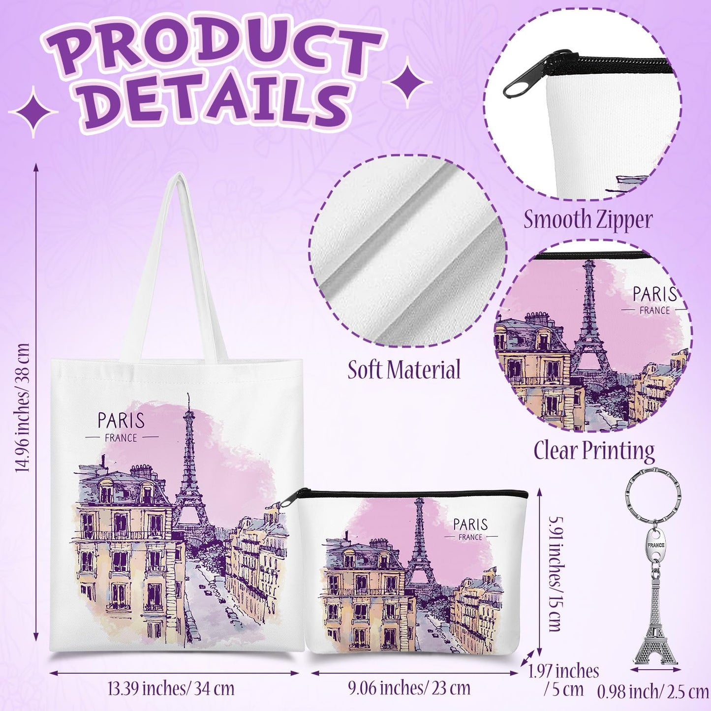 Chuangdi 4 Pcs Paris Souvenirs Gifts Set France Travel Canvas Bag Cosmetic Bag 16 oz Tumbler and Keychain Paris City for Traveler Friend Lover Sister Gifts