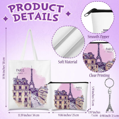 Chuangdi 4 Pcs Paris Souvenirs Gifts Set France Travel Canvas Bag Cosmetic Bag 16 oz Tumbler and Keychain Paris City for Traveler Friend Lover Sister Gifts