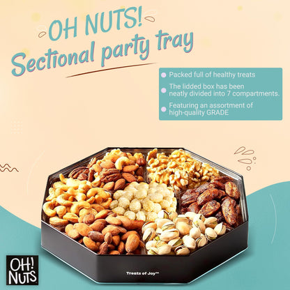 Oh! Nuts 7 Section Nuts Gift Basket - Gourmet Assorted Macadamia Nut Gifts Baskets - Healthy Nuts Gift Hexagon Metal Tin Box - Premium Food Gift for Holiday, Movie Night, Corporate, Men & Women