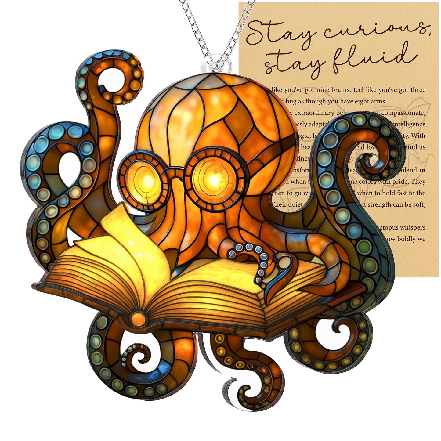 Octopus Reading Acrylic Ornament for Christmas Decorations, Beach Christmas Ornament, Ocean Themed Gift for Ocean Lovers, Octopus Gifts for Women, Last Minute Xmas Gifts