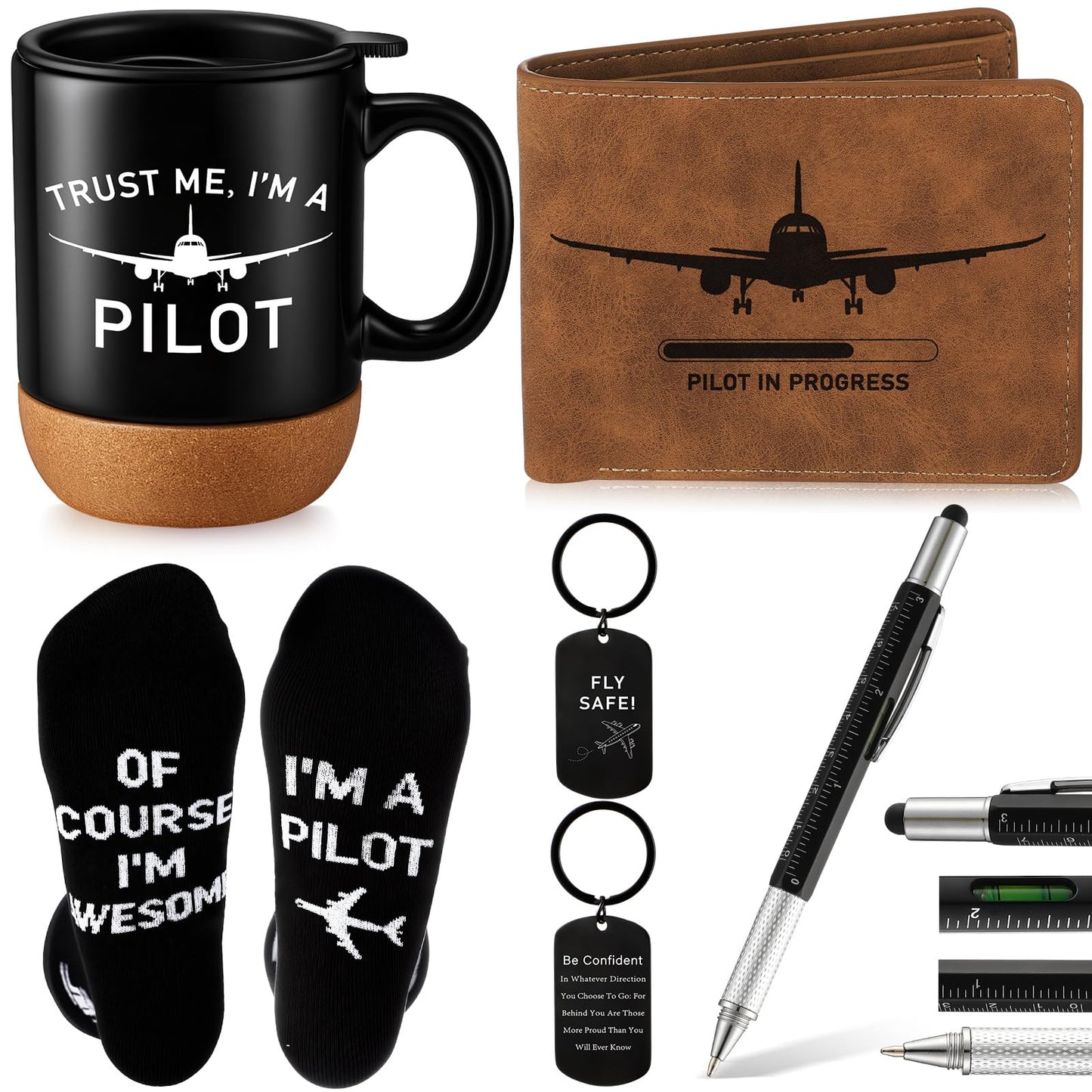 5 Pcs Pilot Gifts for Men Dad's Gifts Set Include Sock and Ceramic Mug Leather Wallet 6 in 1 Multi Tool Pen Keychain Dad Present from Son Daughter Husband Present