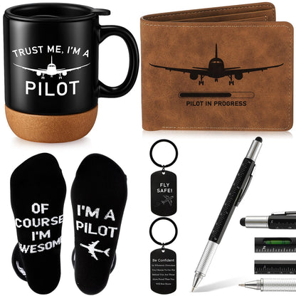 5 Pcs Pilot Gifts for Men Dad's Gifts Set Include Sock and Ceramic Mug Leather Wallet 6 in 1 Multi Tool Pen Keychain Dad Present from Son Daughter Husband Present