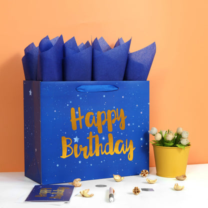 Qirrmiy 13" Large Blue Gift Bag Set with Greeting Card and Tissue Papers (Stars and Gold Foil‘Happy Birthday’) for Men's or Boys, Girls or Kids, Baby, Husband, Father