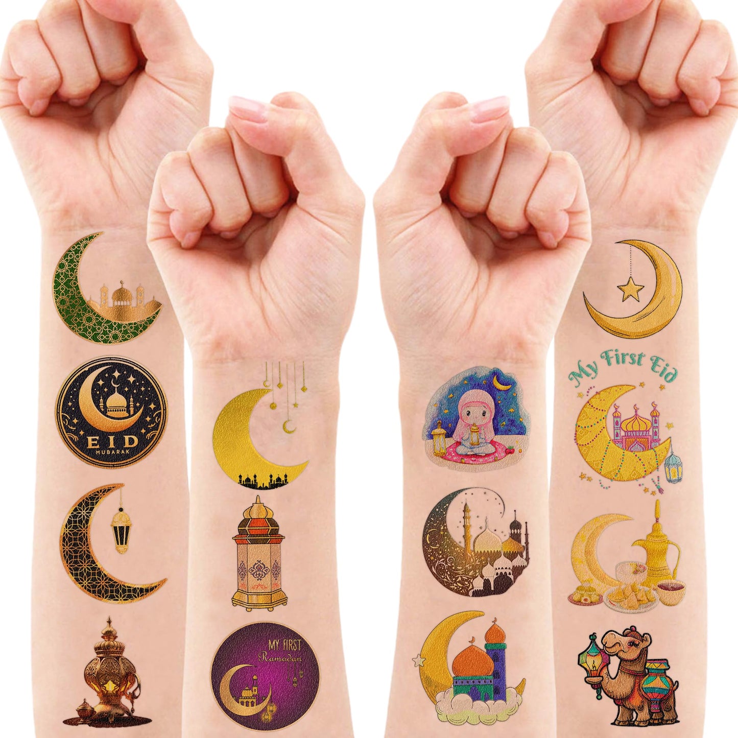 96 PCS Funny Happy Eid Al Adha Ramadan Kareem Mubarak Pre-cut Temporary Tattoos Sticker Birthday Moon Star Party Decorations Supplies Favors Boys Girl Cute Fake Tattoo School Reward Themed Festival