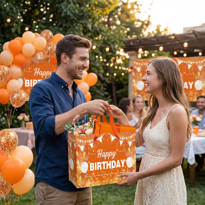 Orange Birthday Gift Bag with Tissue Paper and Card Orange Birthday Wrapping Paper Bag for Baby Shower Graduation Mother's Day Fall Thanksgiving Halloween Party Favors Bag Bday Decorations Supplies