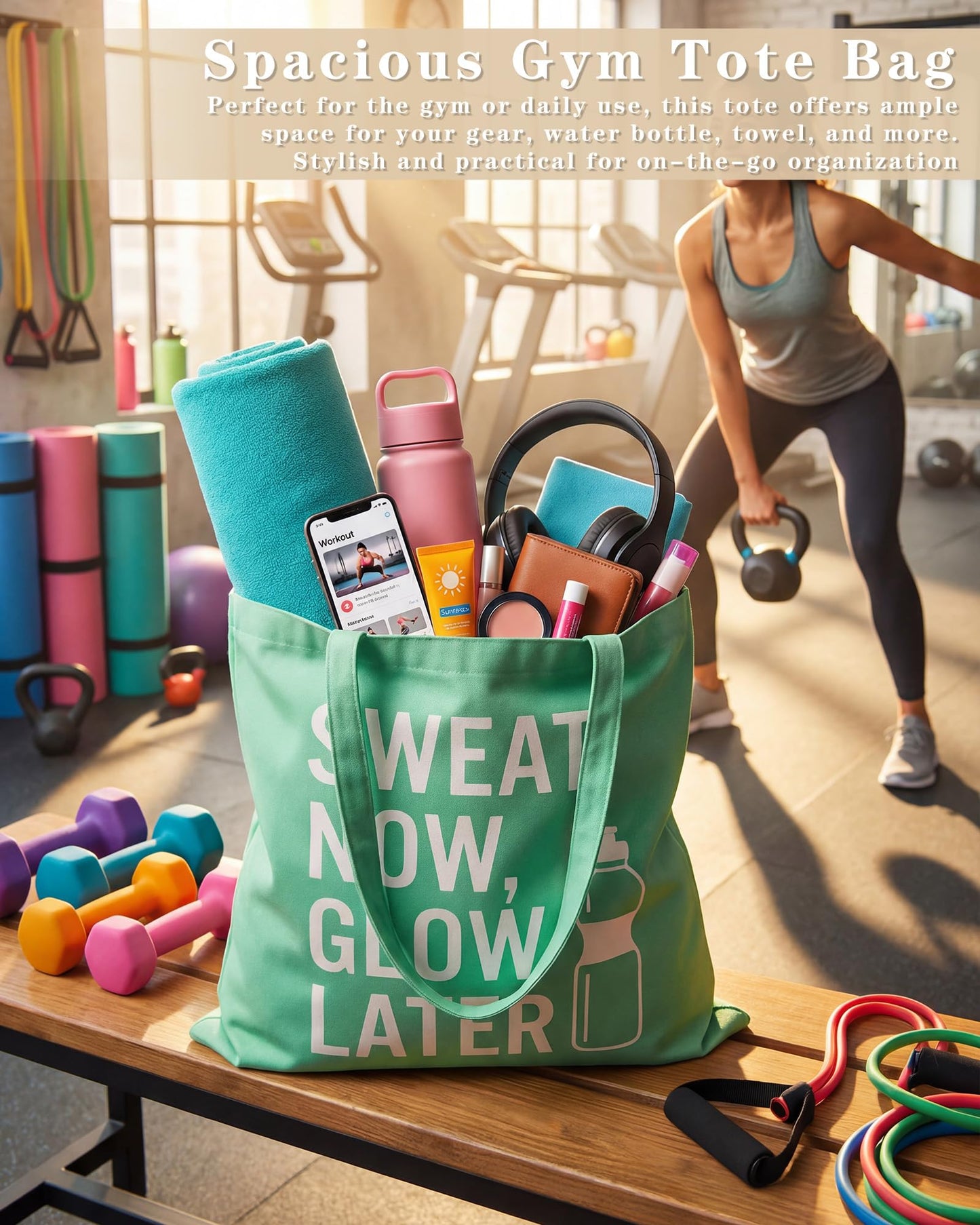 Sanwuta 8 Pcs Fitness Canvas Tote Bags for Women Workout Funny Reusable Shopping Bag with Zipper Inner Pocket Sports Lover Gym Gifts for Pilates Yoga Body Builder Bodybuilding Lovers Everyday Carry