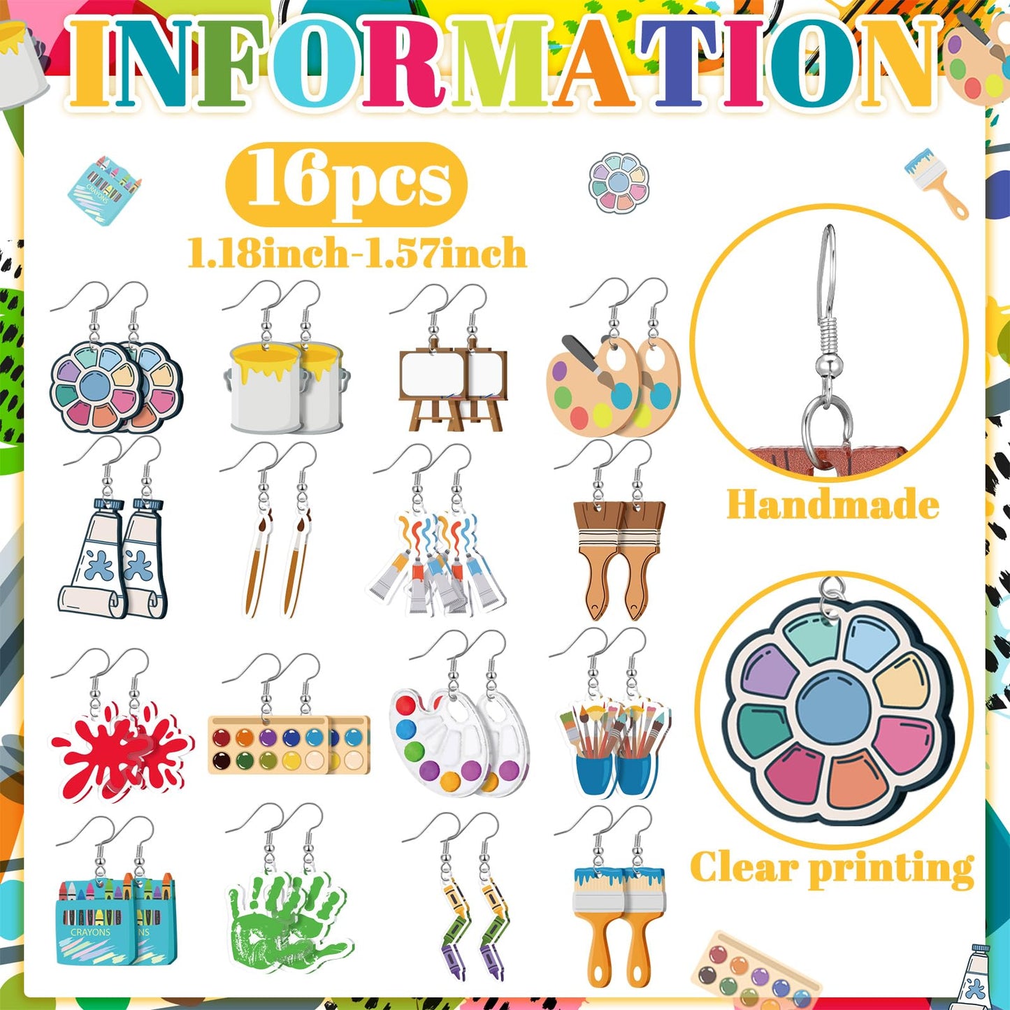16 Pairs Art Teacher Appreciation Gifts Paint Earrings for Women Big Acrylic Dangle Drop Teacher Appreciation Earrings Personality Palette Paint Brush Jewelry Artist Painter