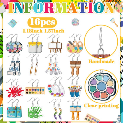 16 Pairs Art Teacher Appreciation Gifts Paint Earrings for Women Big Acrylic Dangle Drop Teacher Appreciation Earrings Personality Palette Paint Brush Jewelry Artist Painter