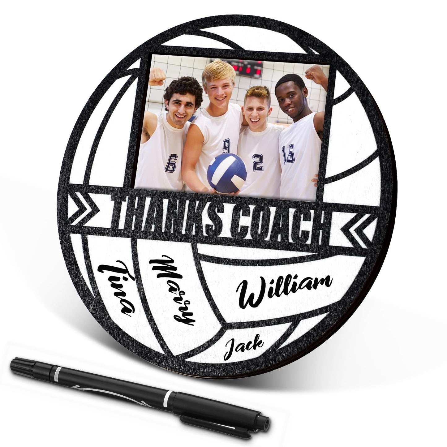 RattanView Sport Ball Picture Frame 4 x 6 Signable Thanks Coach Picture Frame with Pen Coaches Appreciation Photo Tabletop for Home Table Decorations Coach Team Birthday Gifts(White,Volleyball,Round)