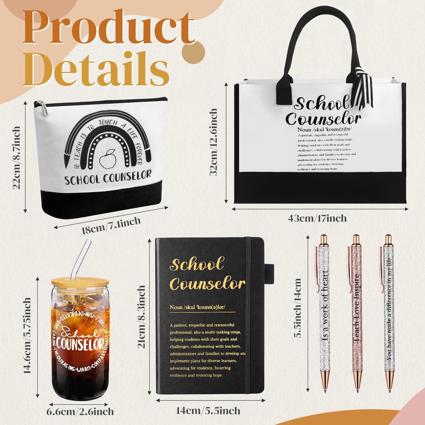 7 Pcs School Counselor Gift Sets Guidance Counselor Welcome Gift Include 16 oz Iced Cups Canvas Tote Makeup Bag Notepad 3 Ballpoints Pen for Back to School Women Teacher Educator Work