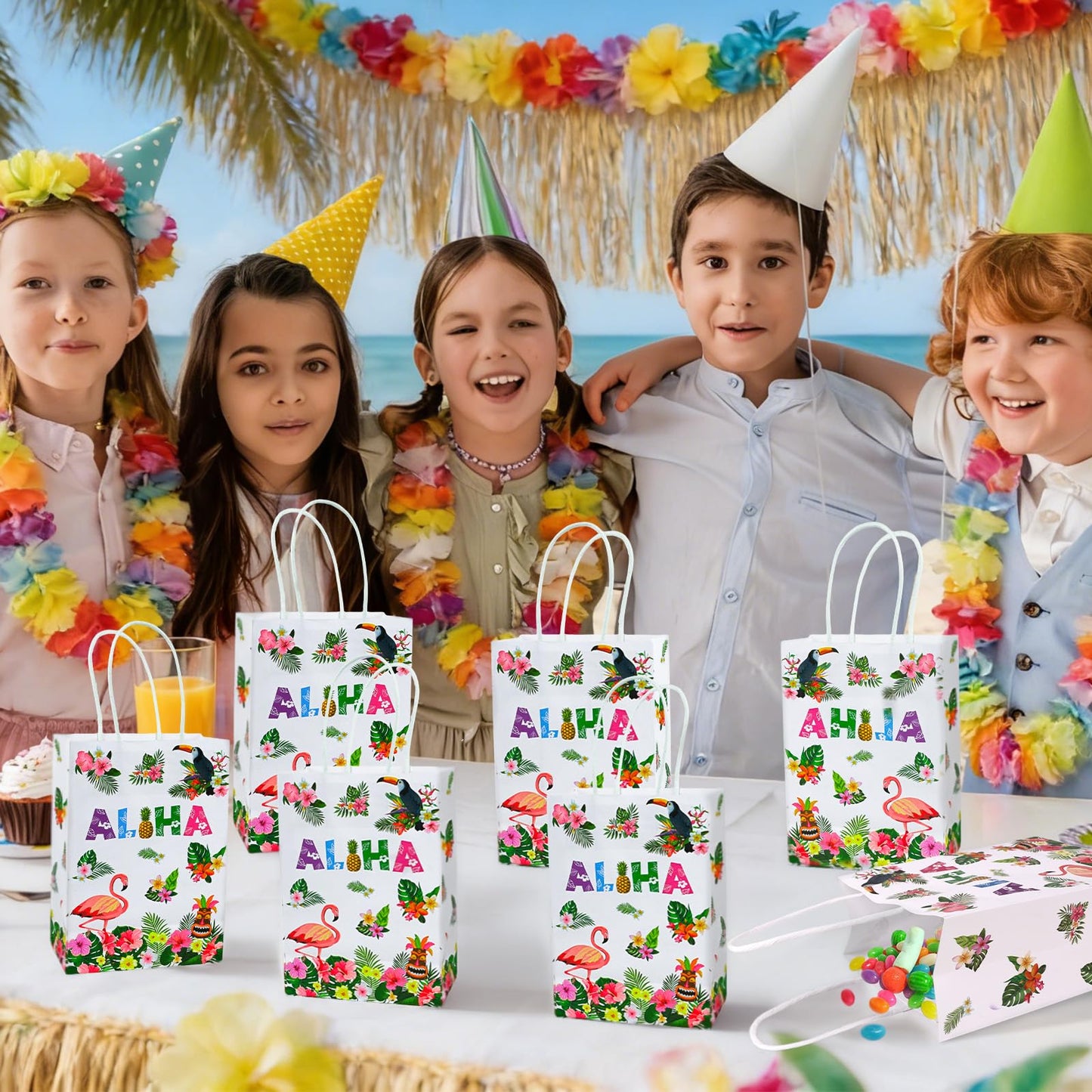 Hxezoc 12 Pieces Hawaiian Gift Bags with Handle, Paper Treat Luau Candy Bag Summer Tropical Palm Leaf Favor Bags for Hawaiian Theme Festival Luau Holiday Party Decoration Supplies