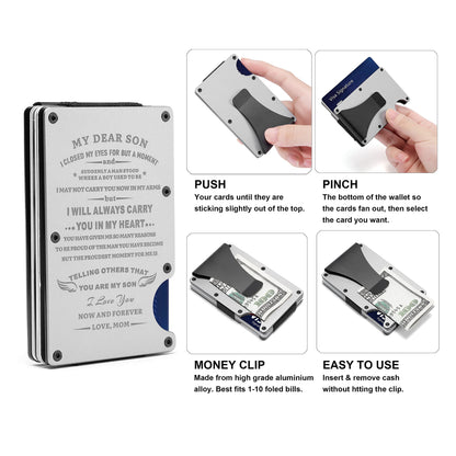 To My Son Gift | Men Personalized Engraved Minimalist Metal Wallet from Mom Mother | Custom Love Message Slim Aluminum Card Holder with Money Clip | Graduation Birthday Wedding Christmas Deployment