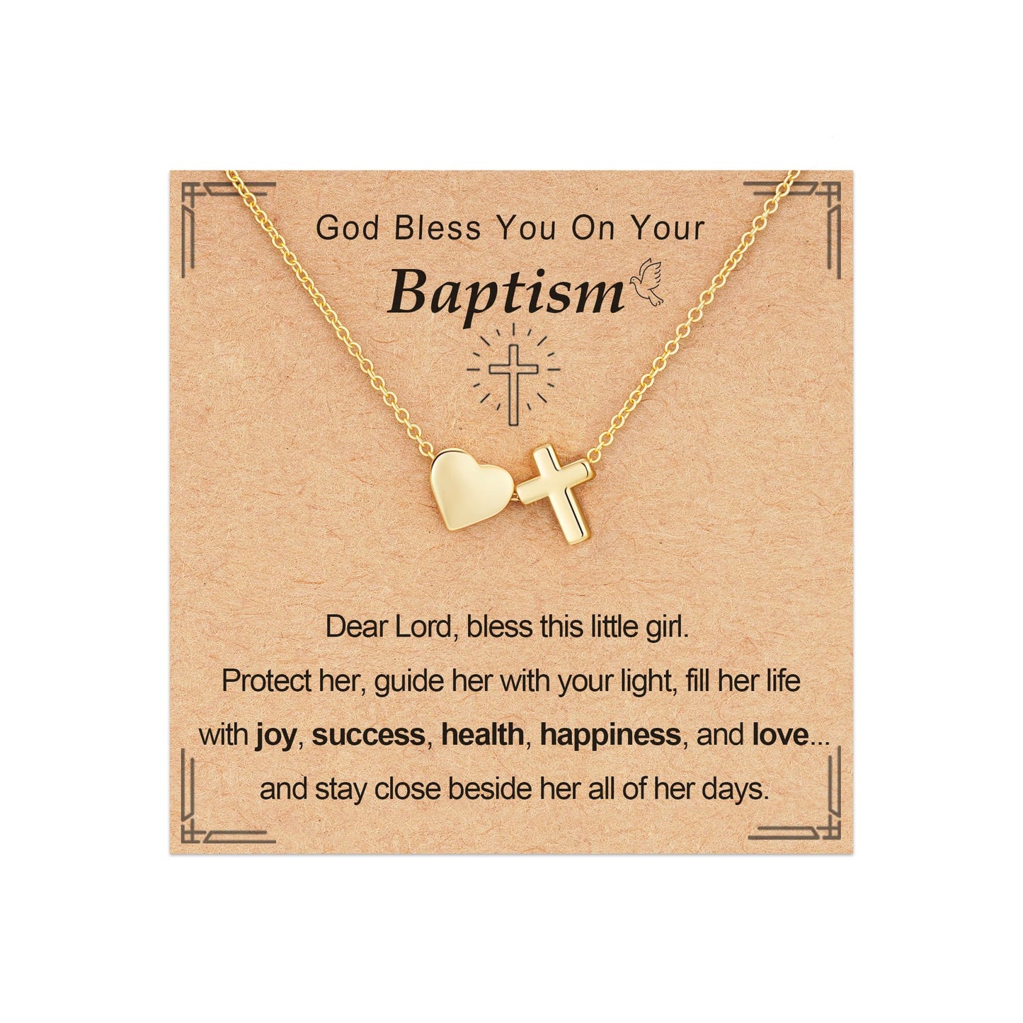 Confirmation First Communion Baptism Gifts for Girls, 14K Gold Plated Heart Cross Necklace for Daughter Granddaughter Niece Sister Christian Religious Gifts 16+3 Inches