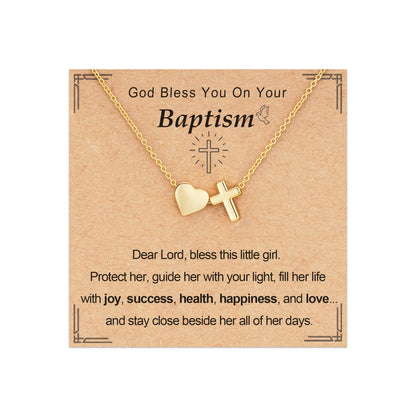 Confirmation First Communion Baptism Gifts for Girls, 14K Gold Plated Heart Cross Necklace for Daughter Granddaughter Niece Sister Christian Religious Gifts 16+3 Inches