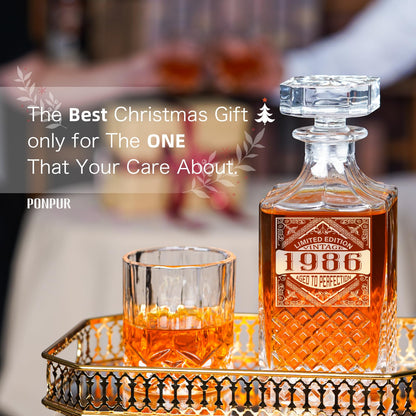 PONPUR 40th Birthday Gifts For Men Dad, 1986 Laser Whiskey Decanter Set with Gift Box, Anniversary Birthday Gift Ideas for Him Husband, 40 Years Bday Decorations, Whiskey Glasses & Whisky Stones Inc