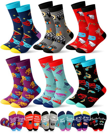 Glitopper 6 Pairs Funny Theatre Socks for Women Musical Theater Gift Crew Cotton Socks Novelty Graduation Gifts for Theatre Lovers